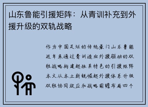 山东鲁能引援矩阵：从青训补充到外援升级的双轨战略